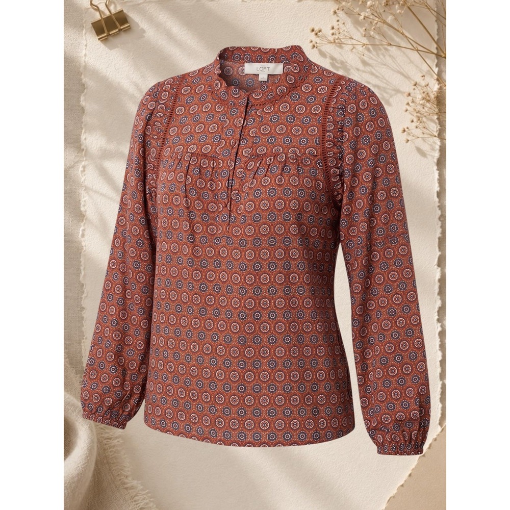 LOFT Geometric Floral Ruffle Lace Trim Blouse Rust Blue Small
